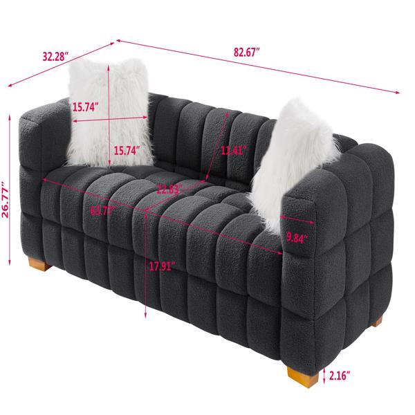 （灰色）宽方形扶手泰迪绒布长方形沙发，2个抱枕-10
