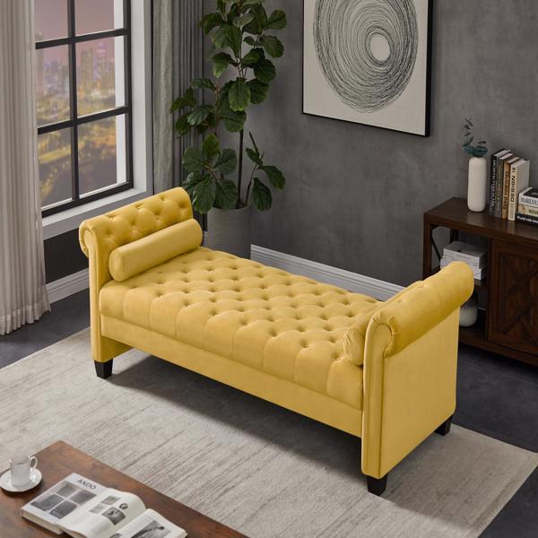 黄色，实木腿天鹅绒长方形沙发凳，附带圆柱形抱枕-3