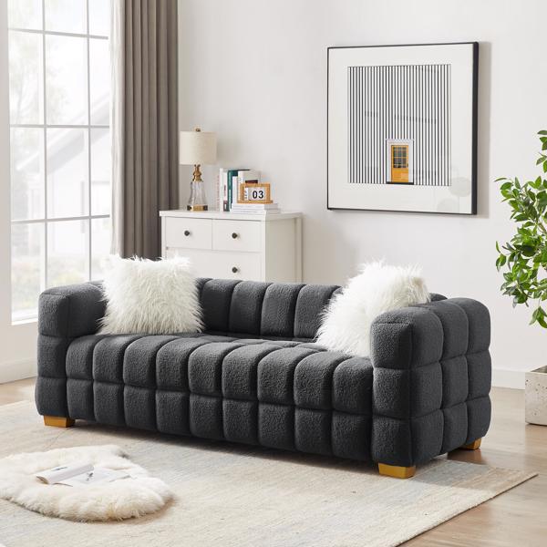 （灰色）宽方形扶手泰迪绒布长方形沙发，2个抱枕-2