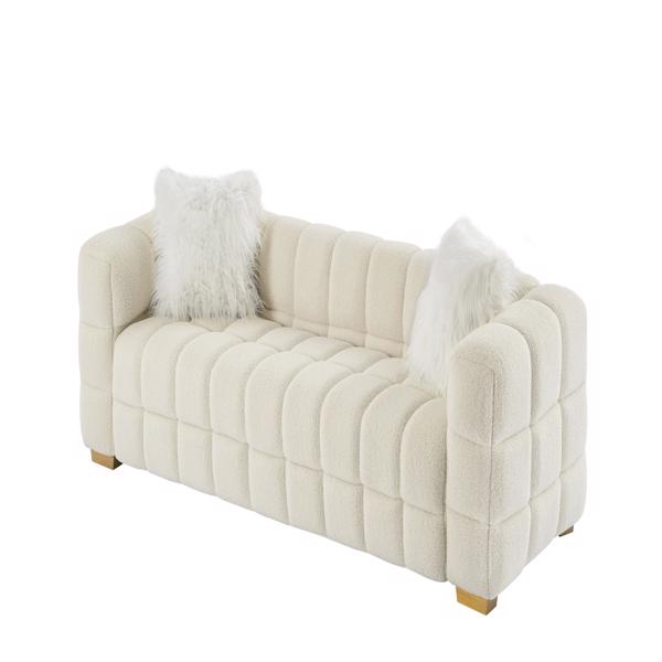 (Beige) Wide Square Arm Teddy Velvet Rectangular Sofa, 2 Pillows-8