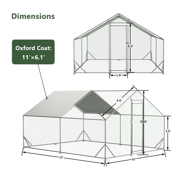 10 x 13英尺户外大型金属鸡笼，带1个防水布，花园后院母鸡笼，供农场使用的家禽宠物小屋-2