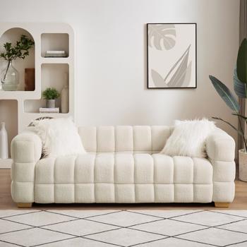 （米色）宽方形扶手泰迪绒布长方形沙发，2个抱枕