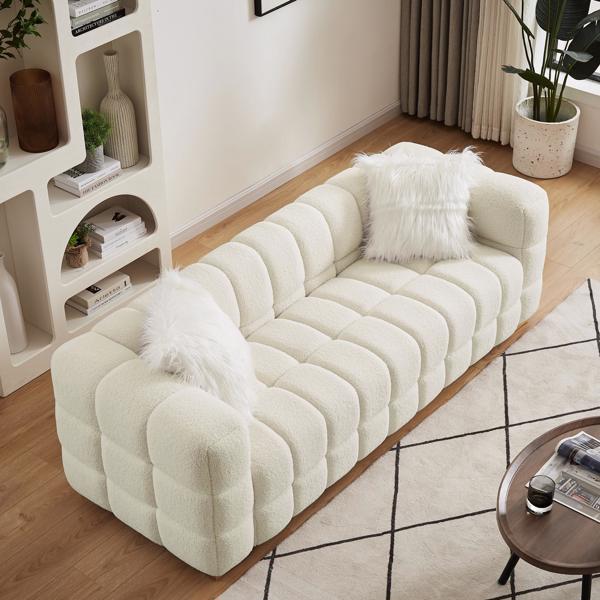 (Beige) Wide Square Arm Teddy Velvet Rectangular Sofa, 2 Pillows-2