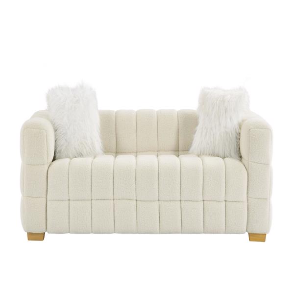 (Beige) Wide Square Arm Teddy Velvet Rectangular Sofa, 2 Pillows-6