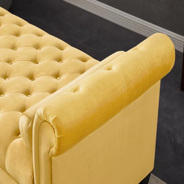 黄色，实木腿天鹅绒长方形沙发凳，附带圆柱形抱枕-5