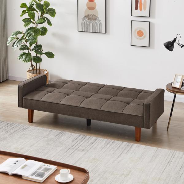 棕色亚麻布沙发床，带扶手的可转换睡床沙发，实木脚和塑料中脚-3