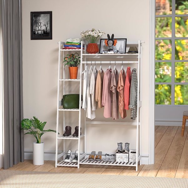 带架子的竹衣架，用于挂衣服的衣架，客厅卧室入口浴室办公室的独立式衣柜收纳架，白色-7