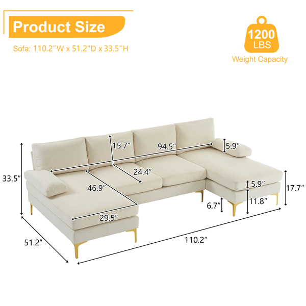 U型 4人位 室内组合沙发 座框木架 靠背铁架 金色脚 麻布 280*130*85 米白色-7