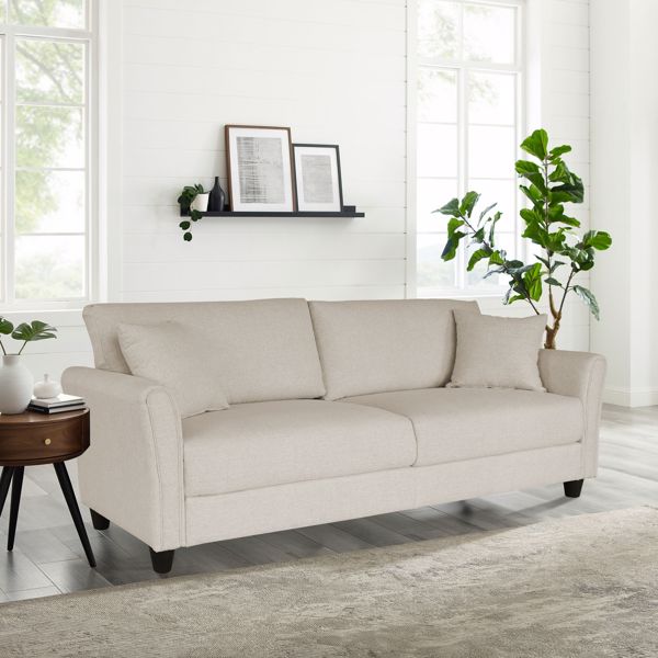 米白色麻布，三人室内沙发，带两个抱枕，实木框架，塑料脚-10