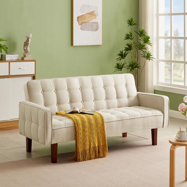 米色，亚麻布被褥沙发床 73.62 英寸布艺软垫可转换沙发床，简约风格，适用于客厅、卧室。-2