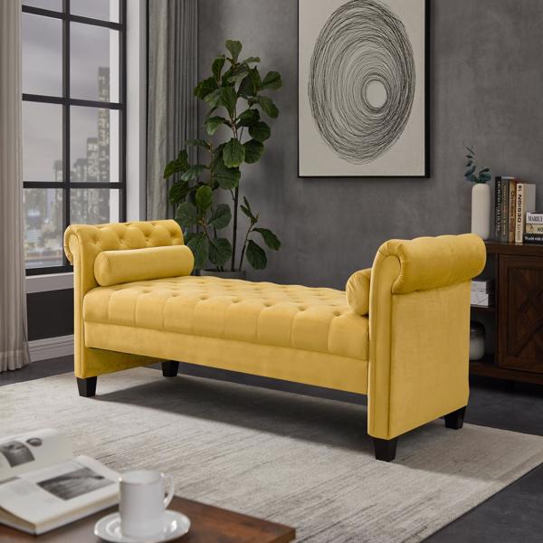 黄色，实木腿天鹅绒长方形沙发凳，附带圆柱形抱枕-2