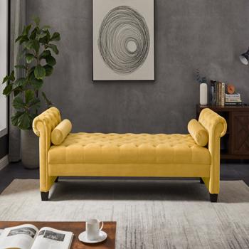 黄色，实木腿天鹅绒长方形沙发凳，附带圆柱形抱枕