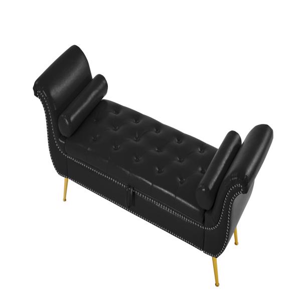 黑色, PU皮革,金属脚软垫长椅卧室休闲长椅翻盖储物沙发凳-6
