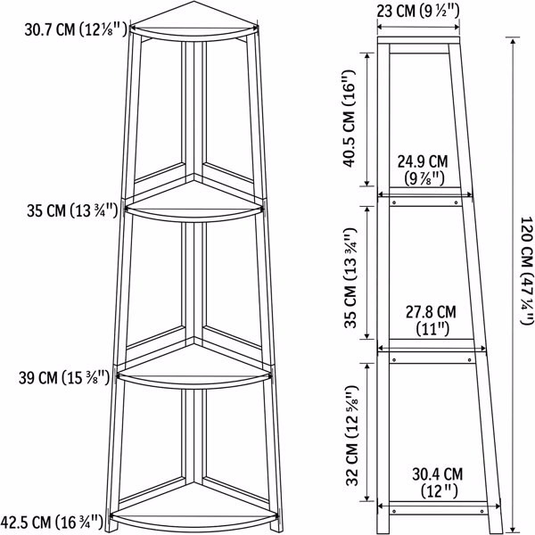 Corner Shelf, 4 Tier Bamboo Corner Bookshelf, 47.2 Inch Tall Bookcase, Open Ladder Book Case, Modern Bookshelf Stand in Living Room, Bedroom, Office, Kitchen, Balcony, Black-3