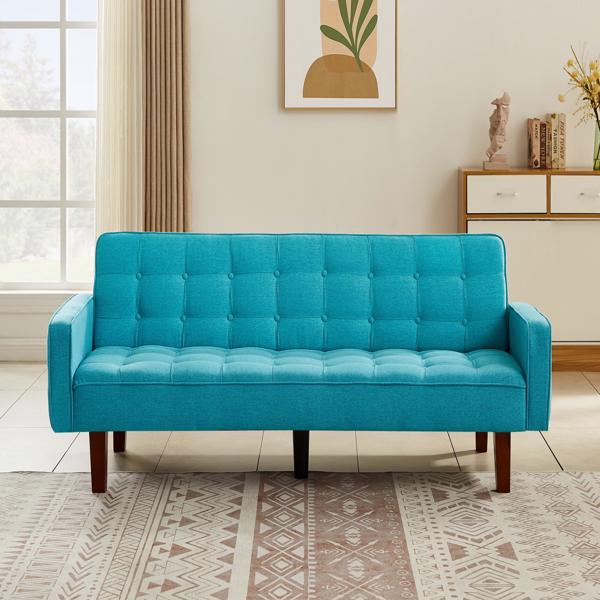 蓝色，亚麻布被褥沙发床 73.62 英寸布艺软垫可转换沙发床，简约风格，适用于客厅、卧室。-1
