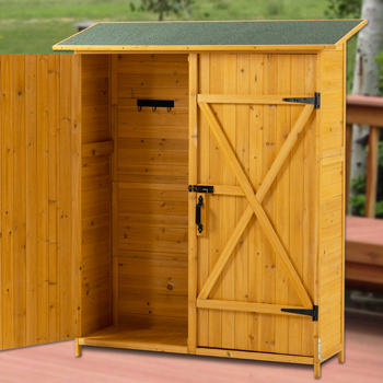 户外木制工具储物棚带可上锁门、可拆卸架子和沥青屋顶
