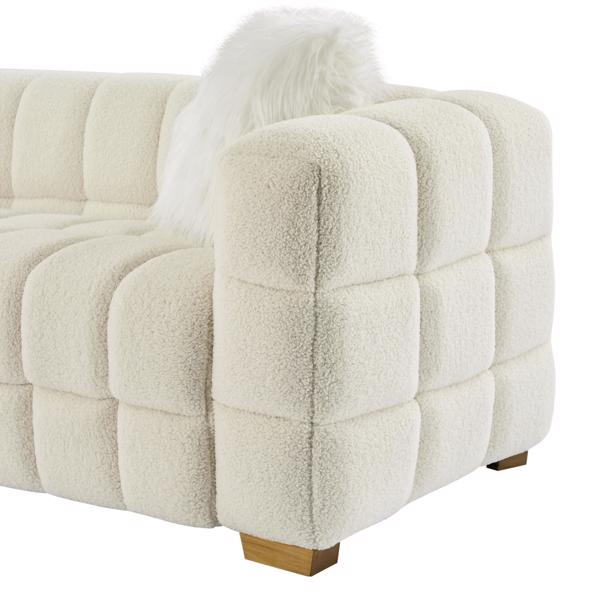 (Beige) Wide Square Arm Teddy Velvet Rectangular Sofa, 2 Pillows-12