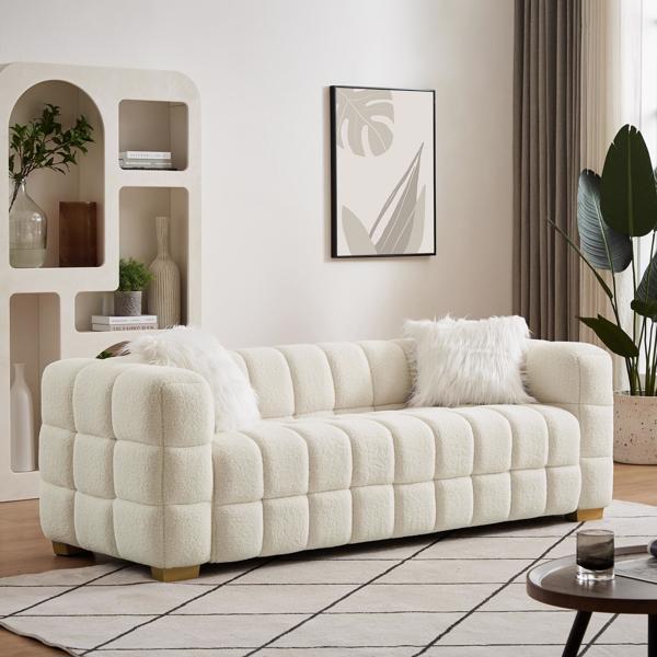 (Beige) Wide Square Arm Teddy Velvet Rectangular Sofa, 2 Pillows-3