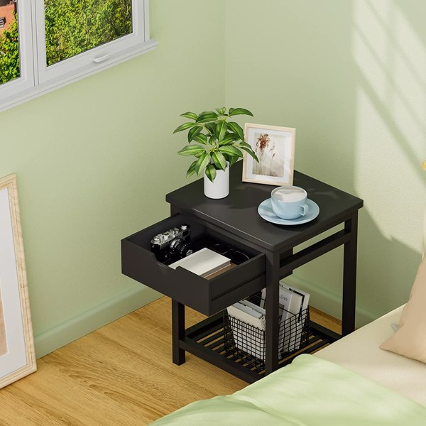 床头柜、带开放式搁板的茶几、带抽屉和储物架的边桌、适合小空间的床头竹桌、客厅、卧室（黑色）-4