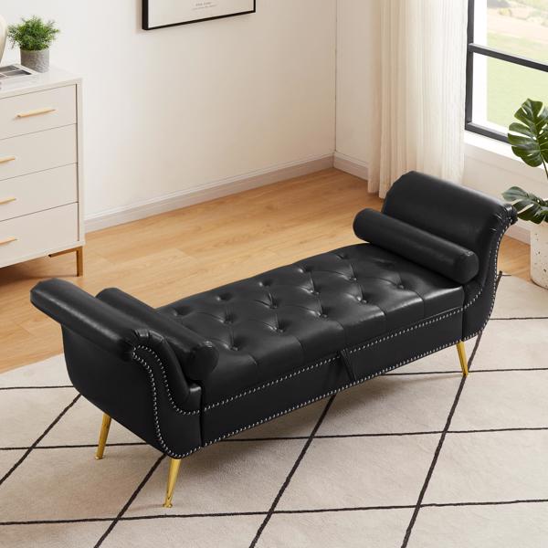 黑色, PU皮革,金属脚软垫长椅卧室休闲长椅翻盖储物沙发凳-2