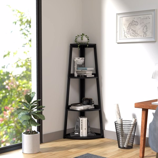Corner Shelf, 4 Tier Bamboo Corner Bookshelf, 47.2 Inch Tall Bookcase, Open Ladder Book Case, Modern Bookshelf Stand in Living Room, Bedroom, Office, Kitchen, Balcony, Black-5
