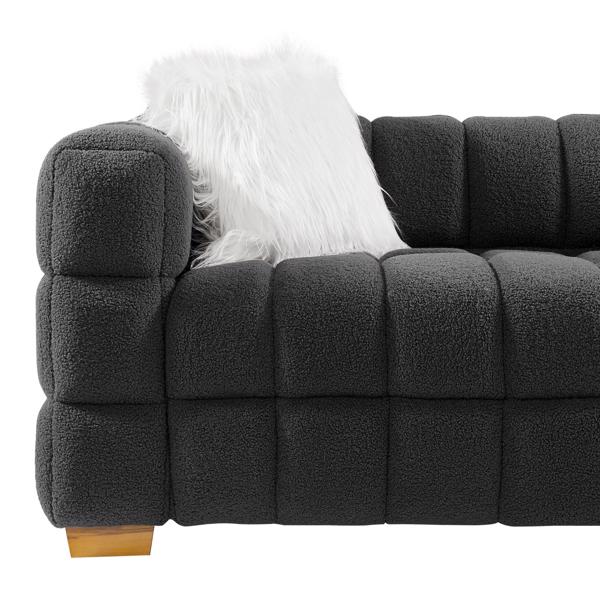 （灰色）宽方形扶手泰迪绒布长方形沙发，2个抱枕-8
