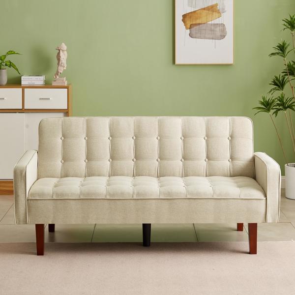 米色，亚麻布被褥沙发床 73.62 英寸布艺软垫可转换沙发床，简约风格，适用于客厅、卧室。-1