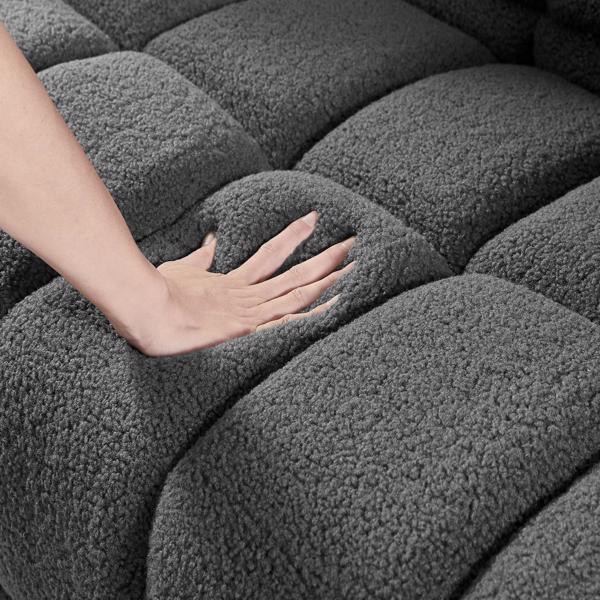 （灰色）宽方形扶手泰迪绒布长方形沙发，2个抱枕-4