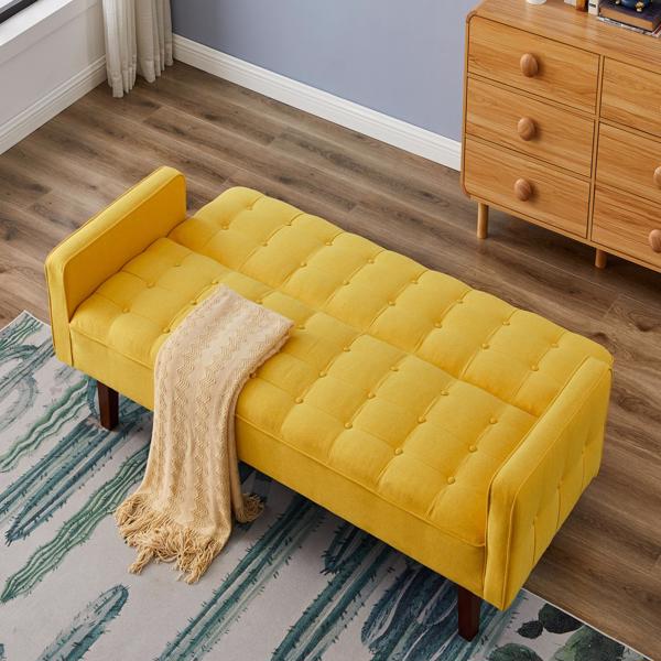 黄色，亚麻布被褥沙发床 73.62 英寸布艺软垫可转换沙发床，简约风格，适用于客厅、卧室。-3