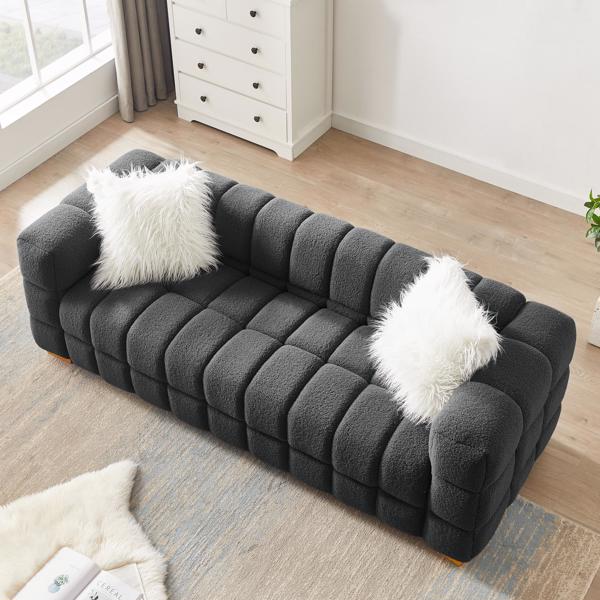 （灰色）宽方形扶手泰迪绒布长方形沙发，2个抱枕-3