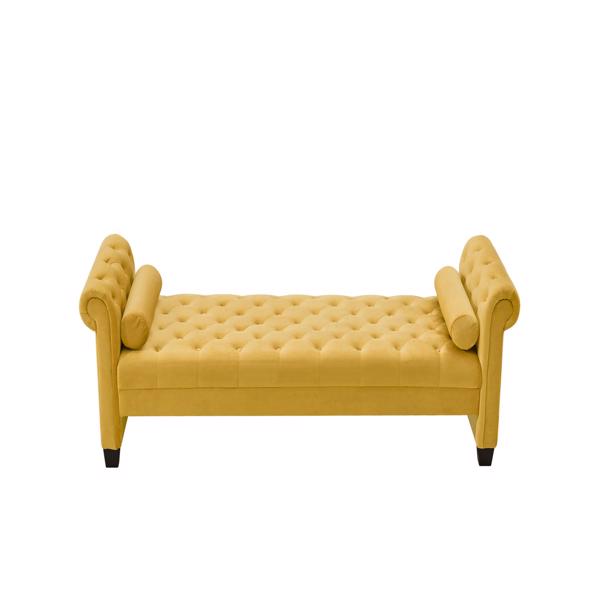 黄色，实木腿天鹅绒长方形沙发凳，附带圆柱形抱枕-9
