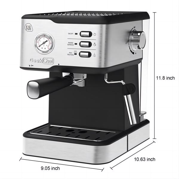 Geek Chef Coffee Espresso Machine Machine, 20 Bar Pump Pressure Espresso and Cappuccino latte Maker with Milk Frother Steam Wand, 1.45L Water Tank, for Home Barista, 950W, Stainless steel-34