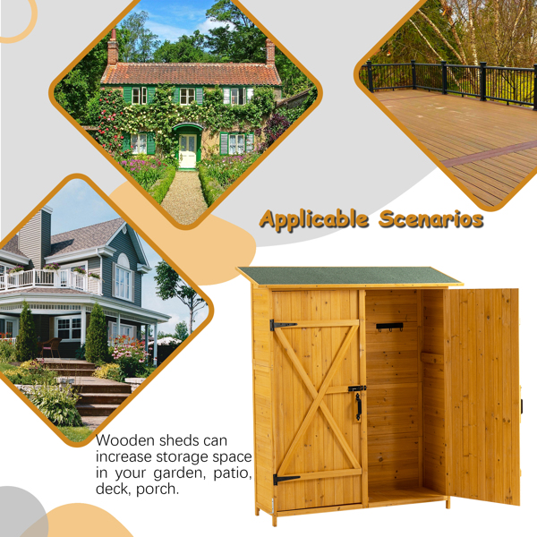 户外储物棚带可上锁门，木制工具储物棚带可拆卸架子和沥青屋顶，自然色-9
