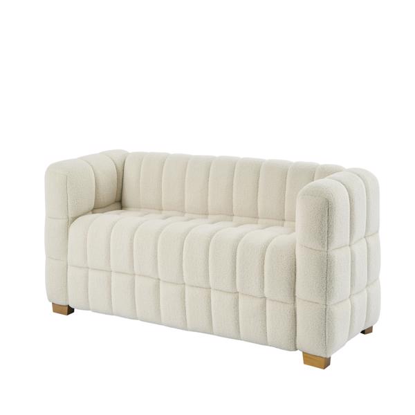(Beige) Wide Square Arm Teddy Velvet Rectangular Sofa, 2 Pillows-9