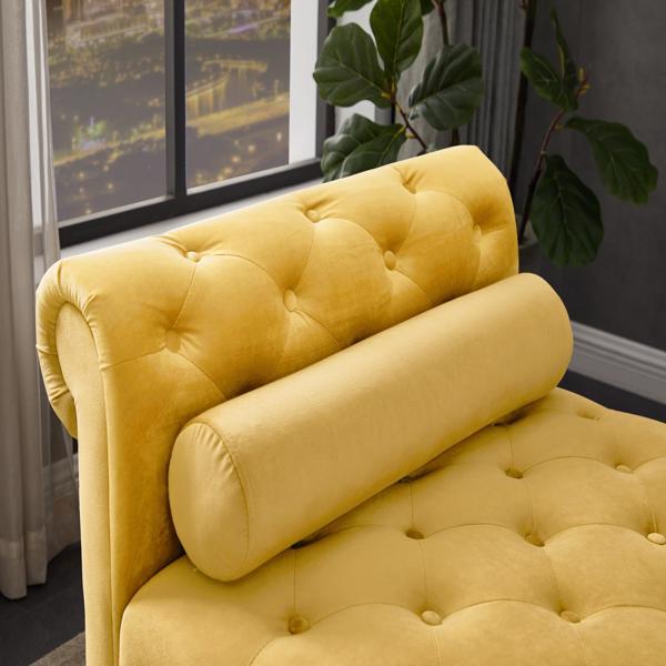 黄色，实木腿天鹅绒长方形沙发凳，附带圆柱形抱枕-4