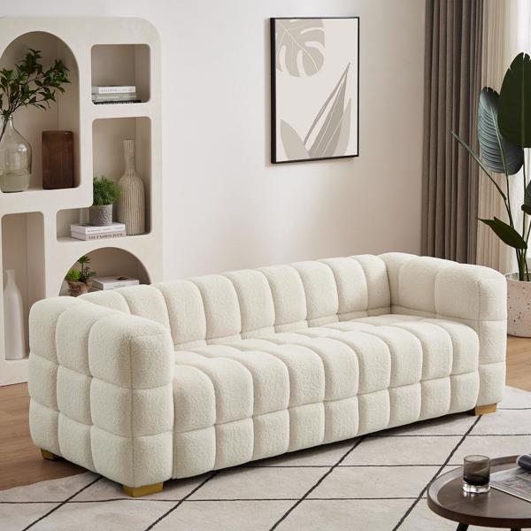 (Beige) Wide Square Arm Teddy Velvet Rectangular Sofa, 2 Pillows-4