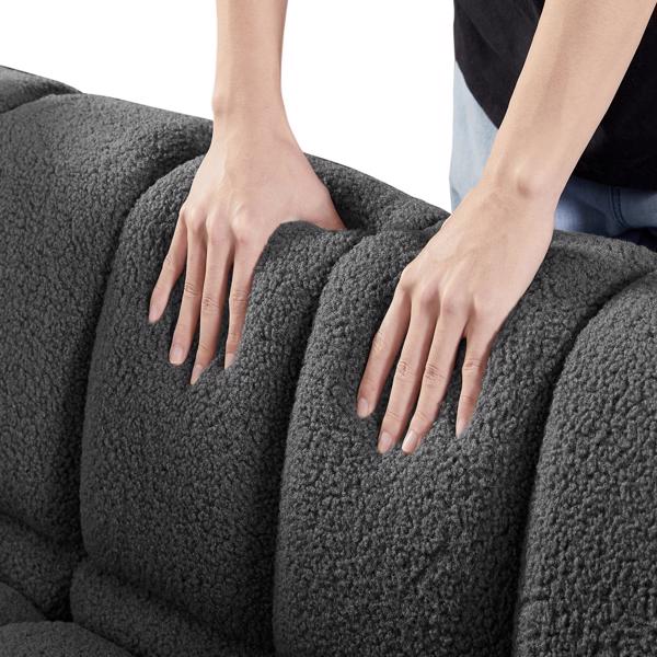 （灰色）宽方形扶手泰迪绒布长方形沙发，2个抱枕-5