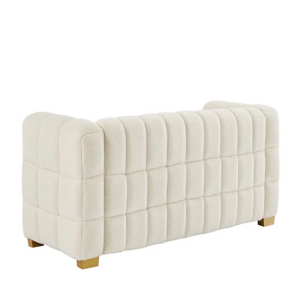 (Beige) Wide Square Arm Teddy Velvet Rectangular Sofa, 2 Pillows-10