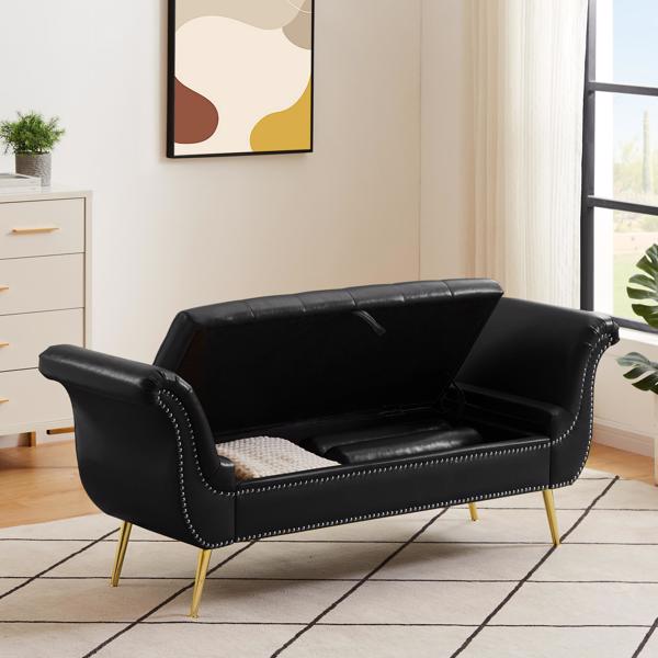 黑色, PU皮革,金属脚软垫长椅卧室休闲长椅翻盖储物沙发凳-4