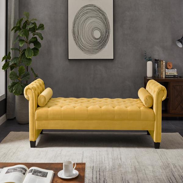 黄色，实木腿天鹅绒长方形沙发凳，附带圆柱形抱枕-1