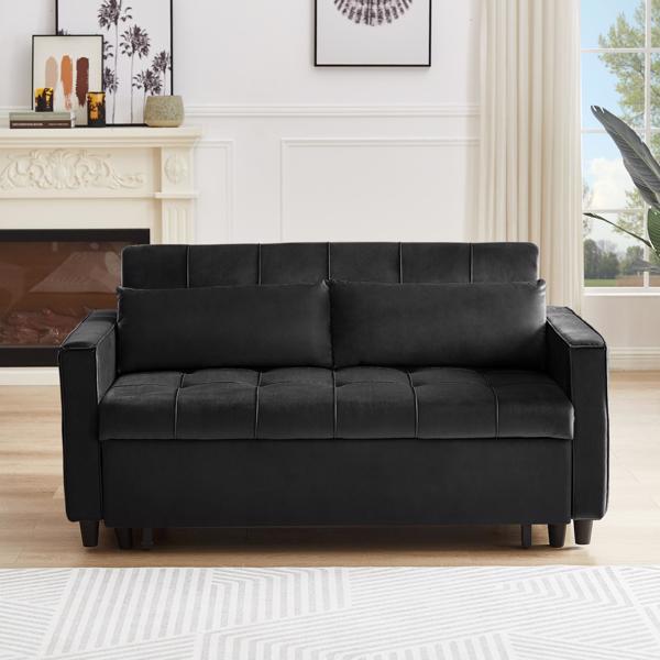 黑色 ，现代天鹅绒躺椅沙发带抽拉床，可转换为沙发床，侧面带茶几，靠背可调节，2 个腰枕-1