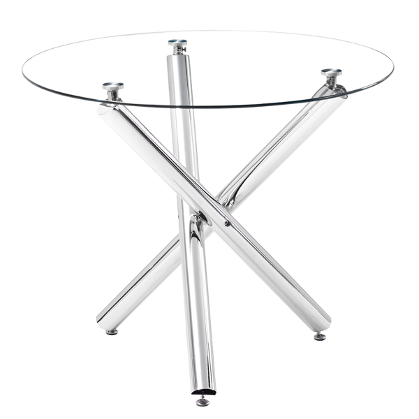 简约圆形 圆管交叉 餐桌 钢化玻璃铁管 清玻电镀桌腿 90*90*75cm-1