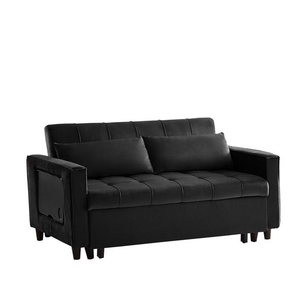 黑色 ，现代天鹅绒躺椅沙发带抽拉床，可转换为沙发床，侧面带茶几，靠背可调节，2 个腰枕-5