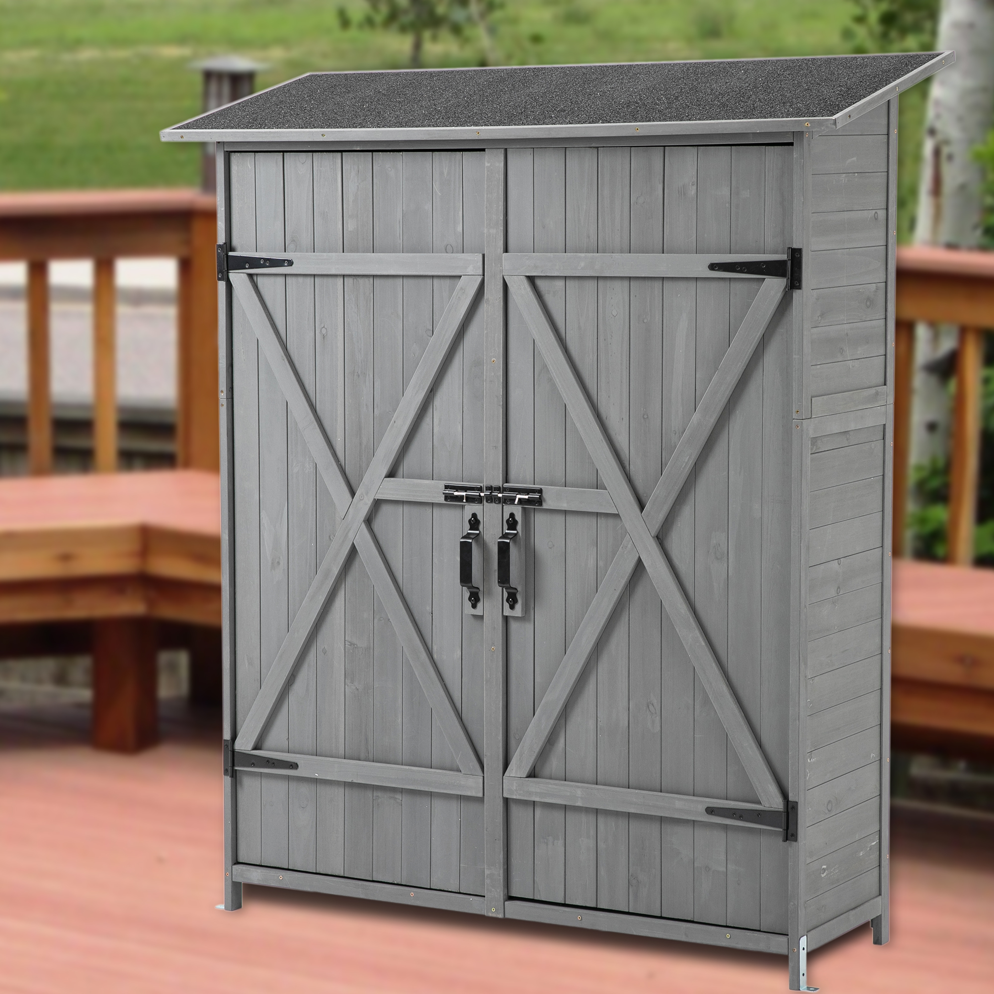 户外木制工具储物棚带可上锁门、可拆卸架子和沥青屋顶，灰色- Oscart
