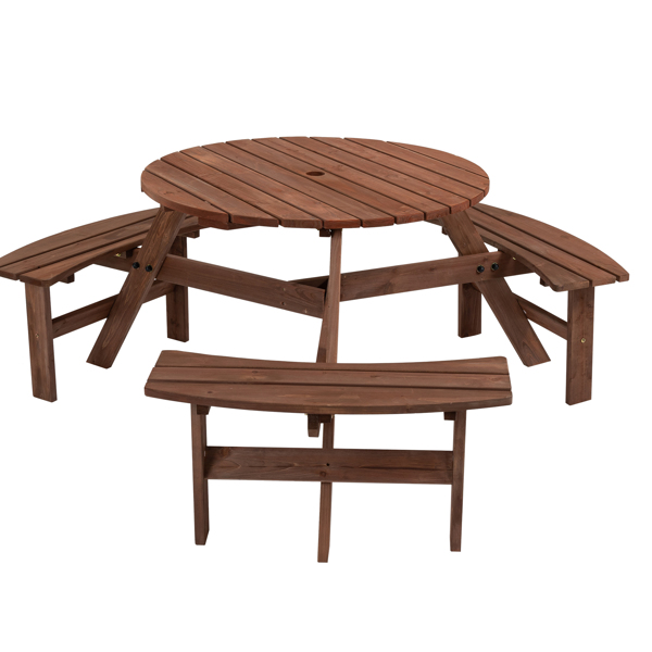 6人户外圆形木制野餐桌，带3个内置长凳，用于庭院后院花园，棕色-1