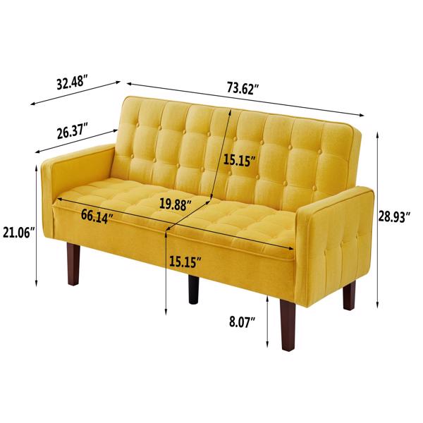 黄色，亚麻布被褥沙发床 73.62 英寸布艺软垫可转换沙发床，简约风格，适用于客厅、卧室。-5