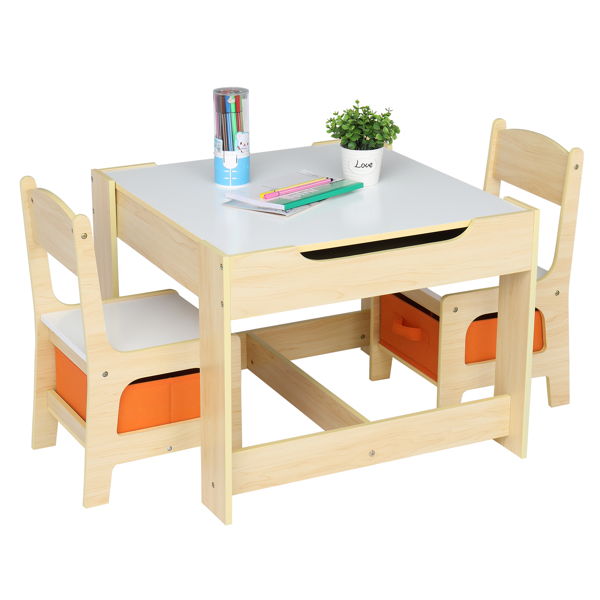 One table and two chairs with two storage bags Melamine board density board log color children's table and chair 61.5*61.5*48cm can be stored N201 (replacement code: 16180981) -59