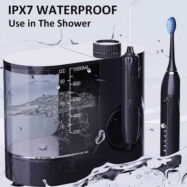 水牙线和超声波牙刷组合-超大容量电动水牙刷，7个喷嘴和4个刷头，1000ML可拆卸水箱，IPX6防水-3