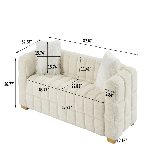 (Beige) Wide Square Arm Teddy Velvet Rectangular Sofa, 2 Pillows-7