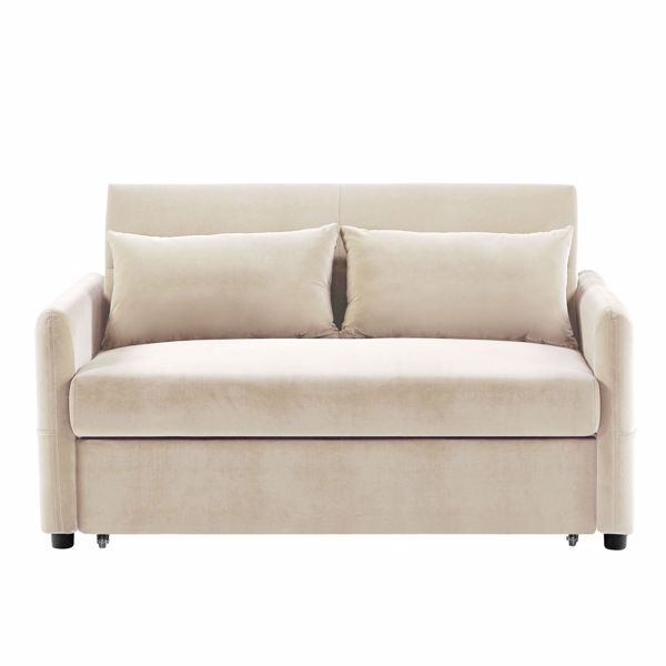 双人座椅沙发床沙发，带拉出式床，可调节靠背，带2个腰枕，用于小客厅和公寓等-米色-3